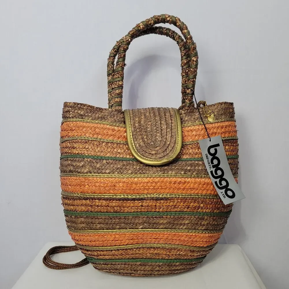 Vintage 90s Striped Straw Shoulder Hand Bag Multicolor Boho Beachy Vacation, New